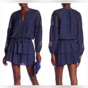 Ramy Brook Whitney Navy Lace Panel Tiered Mini Dress Size XS